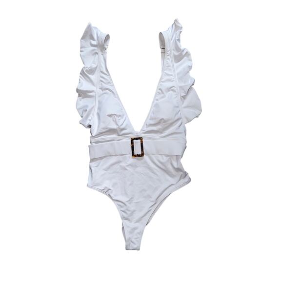 Women's One Piece Swimsuit Deep V Neck white with Belt Set size large - Picture 4 of 6